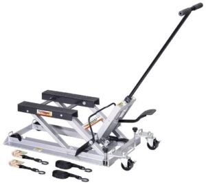 OTC 1545 Ultra Low Profile Motorcycle & ATV Lift – 1,500 lb (680 kg) Capacity, 3.5" Min Height, 17" Skids, Foot Pedal & Tie-Down Straps photo review