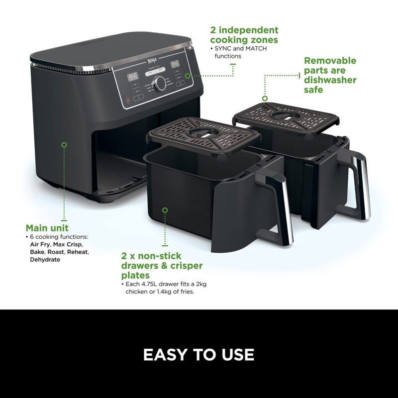Ninja AF300UK Dual Zone Air Fryer - 7.6L, 2 Drawers, 6-in-1 Cooking, Energy Efficient, Oil-Free, Non-Stick, Dishwasher Safe, Black/Silver - Image 25