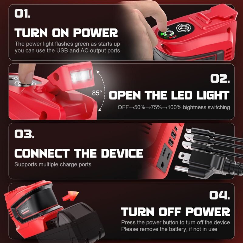 200W Power Inverter for Dewalt 20V, DC 20V to AC 110-120V Battery Inverter, Portable Power Station Generator, Charger Adapter Battery Powered Outlet with 2 USB Ports & 1 Type-C & 1 AC Outlet - Image 10