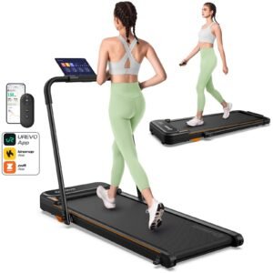 UREVO Smart 2-in-1 Folding Treadmill, Compact Walking Pad with Safety Handle, Plug and Play, Dual LED Display, Workout APP, Walking or Running for Home Office, Remote Included