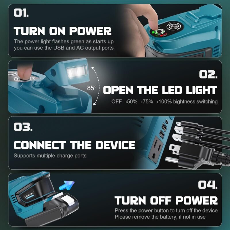 200W Power Inverter for Dewalt 20V, DC 20V to AC 110-120V Battery Inverter, Portable Power Station Generator, Charger Adapter Battery Powered Outlet with 2 USB Ports & 1 Type-C & 1 AC Outlet - Image 37