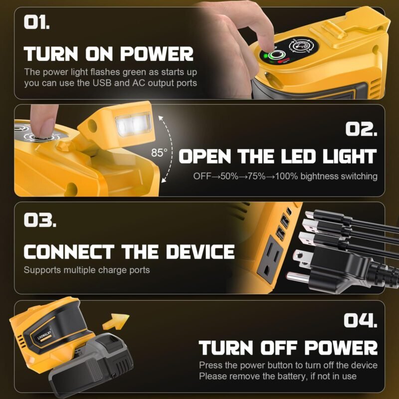 200W Power Inverter for Dewalt 20V, DC 20V to AC 110-120V Battery Inverter, Portable Power Station Generator, Charger Adapter Battery Powered Outlet with 2 USB Ports & 1 Type-C & 1 AC Outlet - Image 32