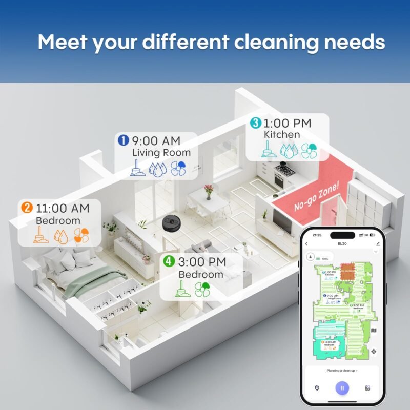 Eitton BL--20 Robot Vacuum and Mop Combo – 5000Pa Suction, LiDAR Navigation, No-Go Zones, Smart Mapping, App/Alexa Control, Self-Charging, Ideal for Pet Hair, Hard Floors & Carpet - Image 7