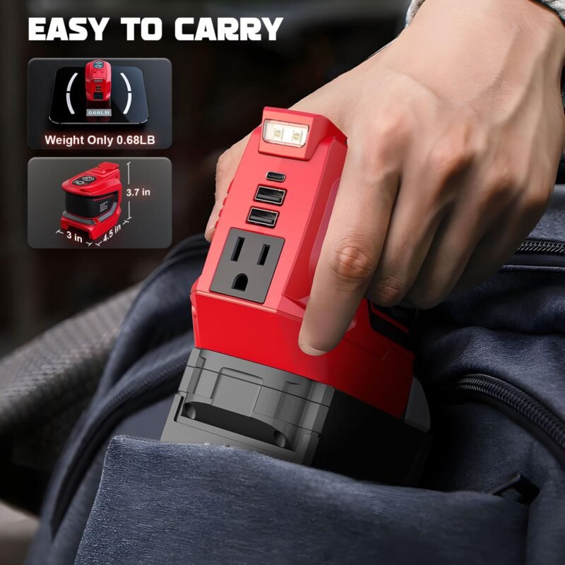 200W Power Inverter for Dewalt 20V, DC 20V to AC 110-120V Battery Inverter, Portable Power Station Generator, Charger Adapter Battery Powered Outlet with 2 USB Ports & 1 Type-C & 1 AC Outlet - Image 8