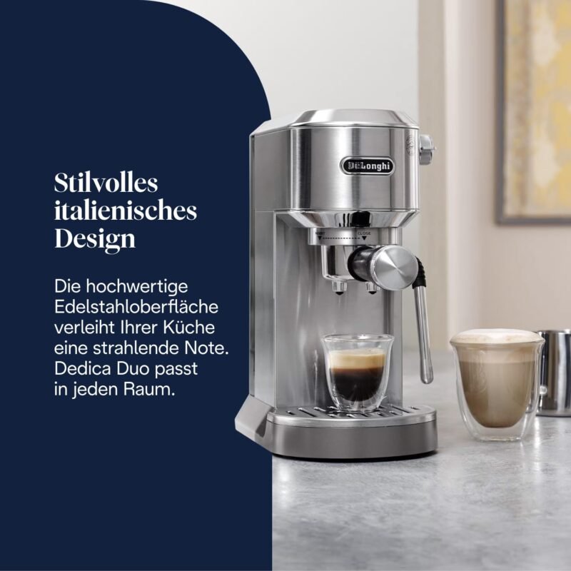De'Longhi Dedica Style EC685.M Espresso Machine – Slim 15 cm Design, Milk Frother, 15-Bar Pressure, 1L Water Tank, Compatible with Ground Coffee & ESE Pods, Stainless Steel - Image 48