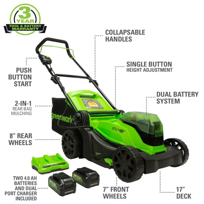 Greenworks 48V (2 x 24V) 17" Brushless Cordless (Push) Lawn Mower, (2) 4.0Ah Batteries and Dual Port Rapid Charger Included - Image 72