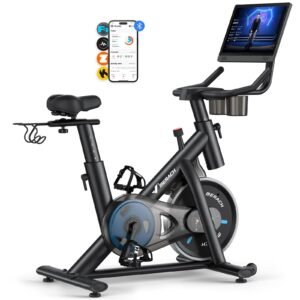 MERACH Exercise Bike, Brake Pad Stationary Bike with Exclusive App, Low Noise Indoor Cycling Bike with 300lbs Weight Capacity, Tablet Mount and Fitness Courses for Weight Loss