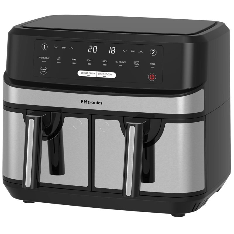 EMtronics EMAFDD9LSL Dual Air Fryer 9L - Double XL Basket, 8 Cooking Presets, 99-Min Timer, Stainless Steel, Oil-Free Healthy Cooking - Image 6