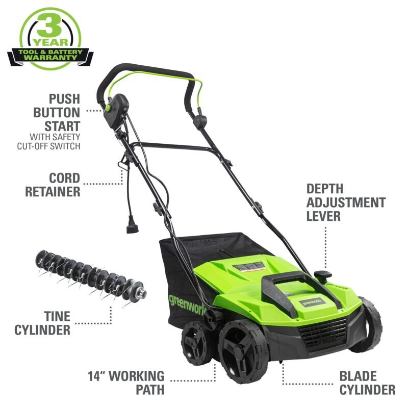 Greenworks 13 Amp 14-Inch Corded Dethatcher / Scarifier, DT13B00 - Image 4