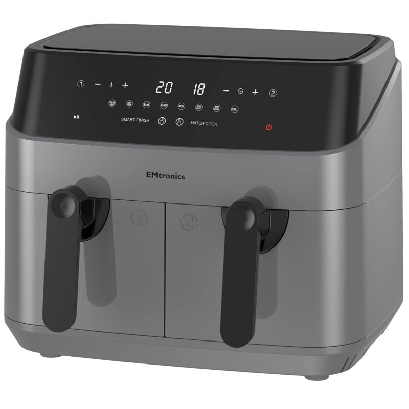EMtronics EMAFDD9LSL Dual Air Fryer 9L - Double XL Basket, 8 Cooking Presets, 99-Min Timer, Stainless Steel, Oil-Free Healthy Cooking - Image 5