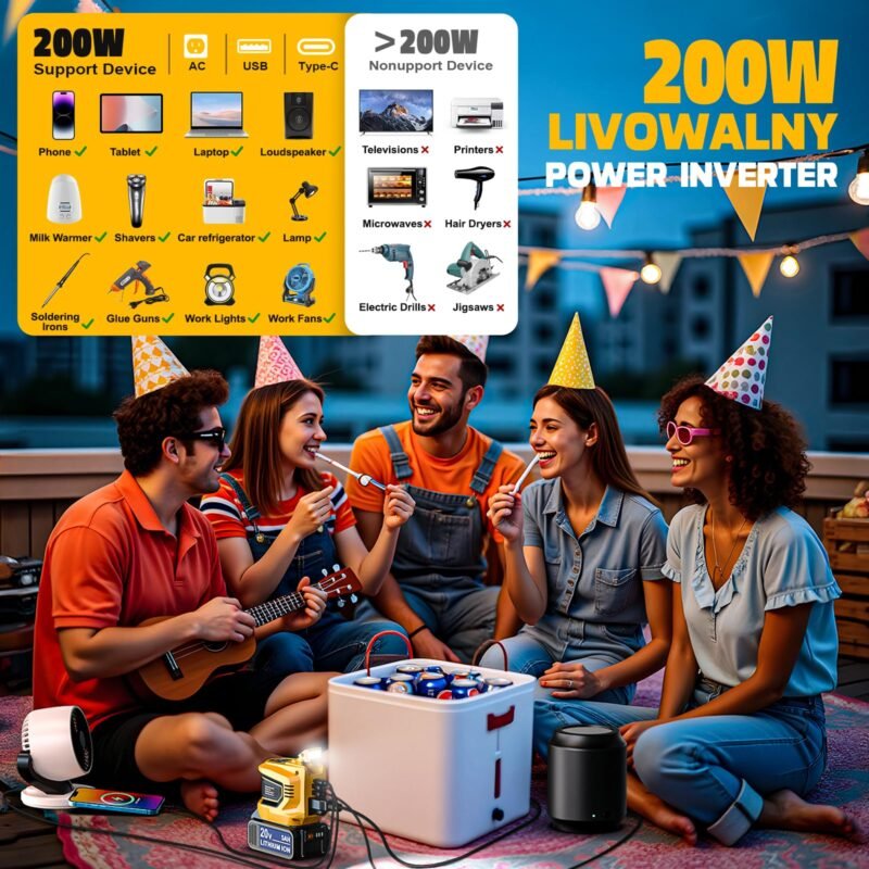 200W Power Inverter for Dewalt 20V, DC 20V to AC 110-120V Battery Inverter, Portable Power Station Generator, Charger Adapter Battery Powered Outlet with 2 USB Ports & 1 Type-C & 1 AC Outlet - Image 18