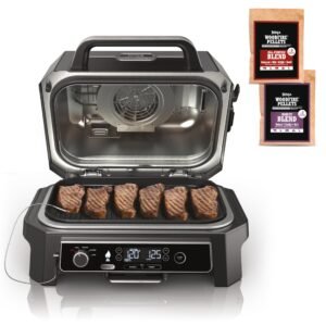 Ninja Woodfire Pro XL OG850 Electric Outdoor Grill and Smoker – 4-in-1 Portable BBQ with Built-In Thermometer, Air Fry, Bake, and Real Woodfire Flavor – Stainless Steel, 22-Inch, Dark Grey