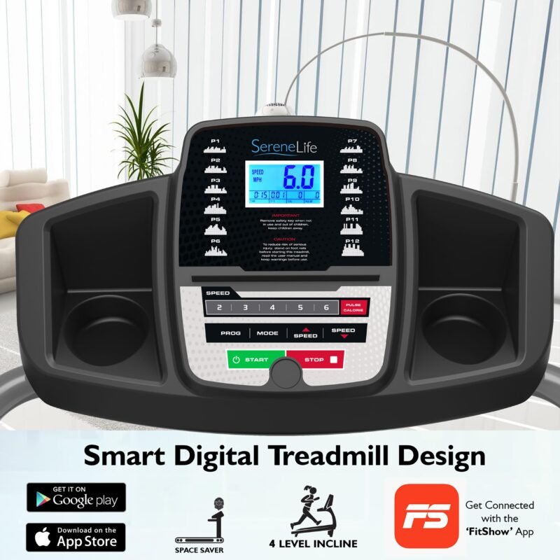 SereneLife Electric Folding Treadmill Exercise Machine - Smart Compact Digital Fitness Treadmill Workout Trainer w/Bluetooth App Sync, Manual Incline Adjustment, for Walking, Running, Gym - Image 31