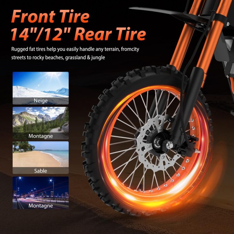 Soleil 01 2000 W Electric Dirt Bike – 14″ / 12″ Fat-Tyre, 48 V 21 Ah Battery, 37 mph / 60 km h⁻¹, Dual Suspension - Image 4