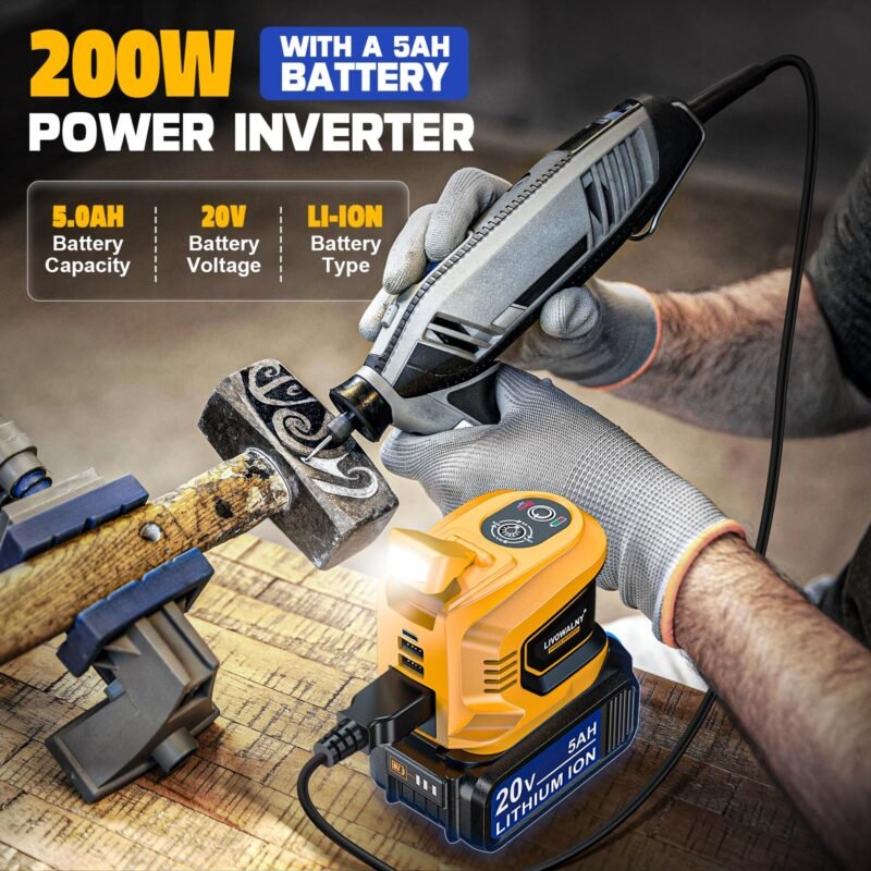200W Power Inverter for Dewalt 20V, DC 20V to AC 110-120V Battery Inverter, Portable Power Station Generator, Charger Adapter Battery Powered Outlet with 2 USB Ports & 1 Type-C & 1 AC Outlet - Image 14