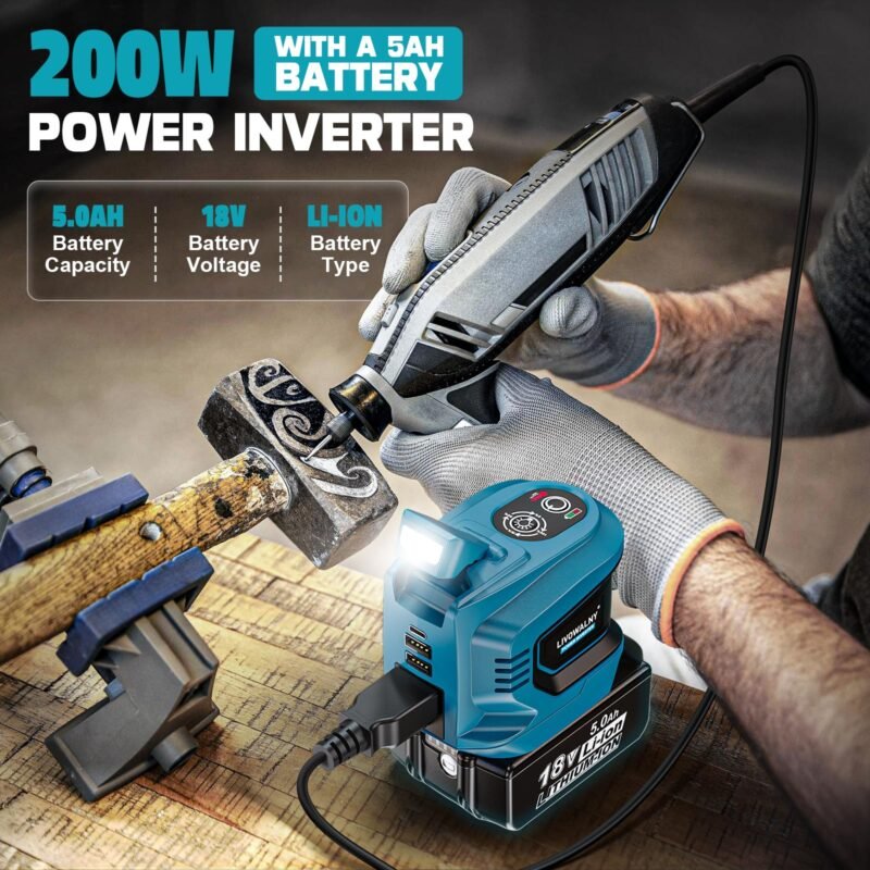 200W Power Inverter for Dewalt 20V, DC 20V to AC 110-120V Battery Inverter, Portable Power Station Generator, Charger Adapter Battery Powered Outlet with 2 USB Ports & 1 Type-C & 1 AC Outlet - Image 22