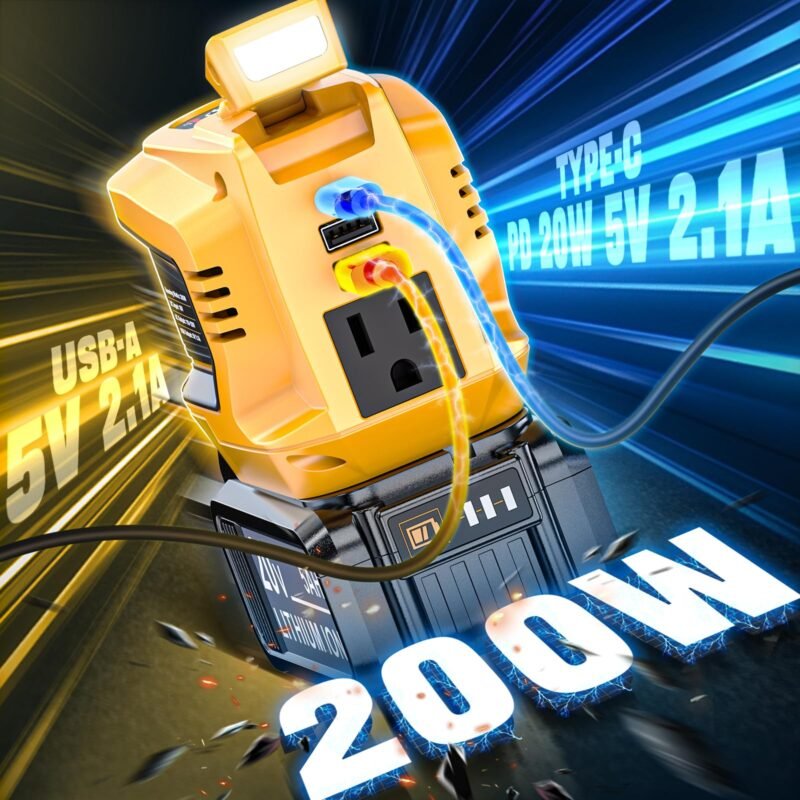 200W Power Inverter for Dewalt 20V, DC 20V to AC 110-120V Battery Inverter, Portable Power Station Generator, Charger Adapter Battery Powered Outlet with 2 USB Ports & 1 Type-C & 1 AC Outlet - Image 17