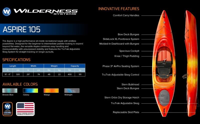 Wilderness Systems Aspire 105 | Sit Inside Recreational Kayak | Adjustable Skeg - Phase 3 Air Pro Seating | 10' 6" - Image 16